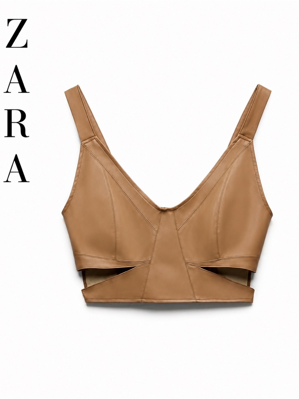 Zara Faux Leather Cutout Crop Top – Camel Brown | Size M